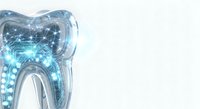 Tooth with digital network circuit pattern and glowing blue light effects on white background, representing dental technology and innovation.