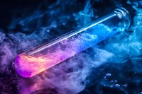 Glowing test tube with pink luminescent liquid surrounded by mystical blue smoke creates magical laboratory atmosphere for science and research concepts.