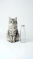 Adorable gray tabby kitten sitting next to empty glass milk bottle on white background, isolated for pet food advertising and veterinary care designs.