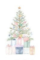 Watercolor Christmas tree with pastel ornaments and colorful wrapped gifts beneath, topped with gold star on white background.