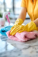 Person in yellow rubber gloves cleaning marble countertop with pink microfiber cloth in modern kitchen. Professional housekeeping service.