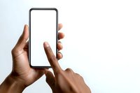 Hand holding smartphone with blank white screen ready for mockup design and app presentation against clean background.