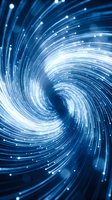 Abstract blue spiral tunnel with glowing particles and light streaks flowing inward, representing data flow, technology, and digital transformation for tech and innovation concepts.