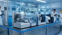 Modern medical laboratory with healthcare innovation technology interface and professional scientists conducting research analysis.
