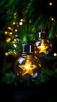 Glowing star-shaped light bulbs hanging on Christmas tree branches with warm bokeh lights creating magical holiday atmosphere against dark background.
