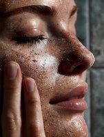 Close-up profile view of a woman's face with glitter and water droplets on skin, eyes closed in serene expression, touching cheek with fingertips, natural makeup look.