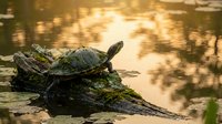 Turtle basking on moss-covered log in golden sunlight by peaceful pond water with warm reflections creating serene natural wildlife habitat scene.