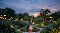 Young woman with dark hair and medium skin tone gazing upward in wonder among glowing lanterns and lush garden foliage at dusk, evoking magic and enchantment for editorial and lifestyle use.