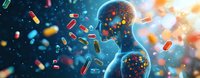 Glowing human silhouettes surrounded by floating medicine capsules and pills against dark blue background with light effects. Medical science concept.