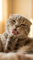 Gray tabby Scottish Fold cat licking its paw with tongue out against warm blurred background. Suitable for pet care, grooming, and animal wellness content.