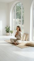 Young Caucasian woman practicing mindfulness meditation in bright minimalist room with arched windows and natural light for wellness and mental health.