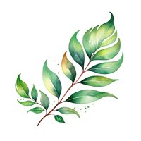 Watercolor green tropical leaf branch with gradient shades and delicate brown stem on white isolated background, ready for design projects and botanical art.