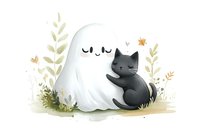 Cute cartoon ghost hugging black cat surrounded by delicate foliage and butterflies, perfect for Halloween greeting cards and seasonal designs.