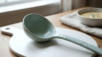 Elegant ceramic ladle with soft green glaze resting on wooden cutting board in modern kitchen setting with soup bowl and linen napkin in background.