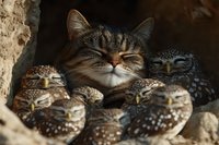 Contented tabby cat resting among group of spotted owls in cozy burrow, showing unusual animal friendship and peaceful coexistence in nature setting.