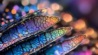 Rainbow colors and bokeh background create magical macro nature photography effect. Delicate veined pattern glows with prismatic light.