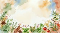 Watercolor herbs and spices border frame with rosemary, basil, cinnamon, star anise, tomatoes, and garlic on soft pastel background.
