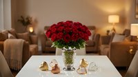 Elegant red roses bouquet in crystal vase on white table with golden heart decorations in cozy living room interior for romantic occasions and celebrations.