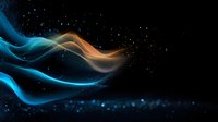 Glowing blue and orange waves of light dance against dark starry background, creating ethereal flowing motion effect with luminous particles and bokeh elements.