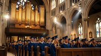 Graduation ceremony in gothic cathedral with students in caps and gowns seated in wooden pews under ornate arches and pipe organ for academic achievement.