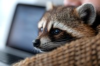 Close-up portrait of curious raccoon with bright eyes peeking from behind furniture, showing natural wildlife behavior in urban environment.