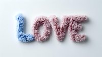 Fluffy text spelling LOVE in pastel pink and blue furry texture against white background, creative typography design for valentines and romantic projects.