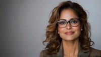 Young Hispanic businesswoman with wavy brown hair wearing glasses and professional attire smiling confidently against gray background, modern corporate headshot style portrait.