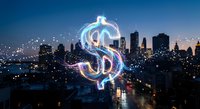 Glowing dollar sign hologram floating above modern city skyline at dusk with sparkling light effects and urban buildings in background for financial concepts.