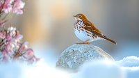 Brown spotted thrush perched on snow-covered rock against soft blurred background with pink spring blossoms, creating dreamy winter to spring nature transition scene.