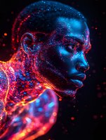 African male profile illuminated by glowing neon red and blue paint with sparkles and light effects against dark background, artistic portrait showing luminescent makeup.