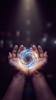 Hands holding glowing swirling energy orb with blue and orange light against dark blurred background, representing power, magic, healing, spirituality, and innovation for design projects.