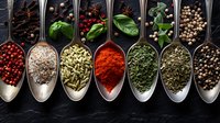 Variety of colorful spices and herbs in vintage silver spoons arranged in row on dark stone background, including peppercorns, paprika, cardamom and dried herbs.
