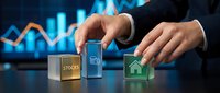 Professional businessman hands arranging investment cubes with stocks, ESG and real estate icons on digital financial chart background for portfolio diversification.