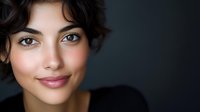 Young woman with natural makeup and curly dark hair smiling warmly against dark background, expressing confidence and authenticity in professional headshot style portrait.