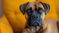 Adorable brown Boxer dog with expressive blue eyes and wrinkled face looking directly at camera against vibrant yellow background, close-up portrait showing loyalty and curiosity.