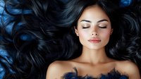 Young Asian woman with long dark wavy hair lying on blue feathers background, closed eyes and natural makeup, expressing serenity and relaxation in beauty portrait.