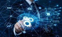 Businessman touching digital gear interface with connected network icons representing enterprise resource planning and business automation systems.