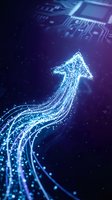 Digital arrow made of glowing blue particles rising upward over circuit board background representing growth, progress and technological advancement.