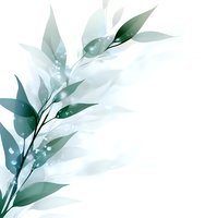 Delicate eucalyptus branches with translucent green leaves and light sparkles on white background, watercolor style botanical illustration for wedding stationery.