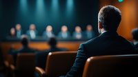 Caucasian businessman in dark suit viewed from behind facing panel of executives in corporate boardroom with dramatic lighting, representing leadership and decision making.