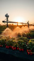 Agricultural irrigation system spraying water over strawberry field at sunset, suitable for farming, agriculture, and agribusiness projects.