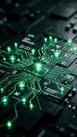 Glowing green circuit board with illuminated pathways and nodes representing data flow, technology infrastructure, and digital connectivity for tech and innovation projects.