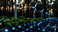 Modern wind turbines and solar panels in forest with glowing blue lights, sustainable renewable energy concept at dusk, environmental technology background.