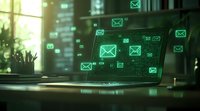 Glowing email icons float above laptop screen in dark office setting with green digital matrix effect, representing modern communication technology.