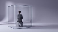 Businessman trapped inside transparent glass cube representing isolation, confinement, mental barriers, corporate limitations and psychological boundaries in workplace.