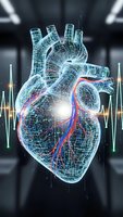 Digital holographic human heart with glowing arteries and veins in futuristic medical laboratory with heartbeat monitor waves for cardiology research.