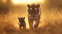 Bengal tiger mother and cub walking through tall grass at golden sunset hour, creating dramatic silhouette against warm backlit savanna landscape.