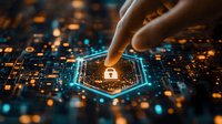 Finger touching glowing cybersecurity lock icon on circuit board with blue and orange lights. Digital protection concept for business technology and data security.