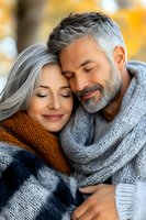 Mature couple in warm knitted scarves sharing tender moment outdoors. Silver-haired woman and bearded man with closed eyes express love and contentment in autumn setting.
