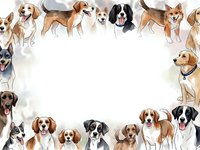 Watercolor dog breeds border frame with empty center space for text or design elements on white background.